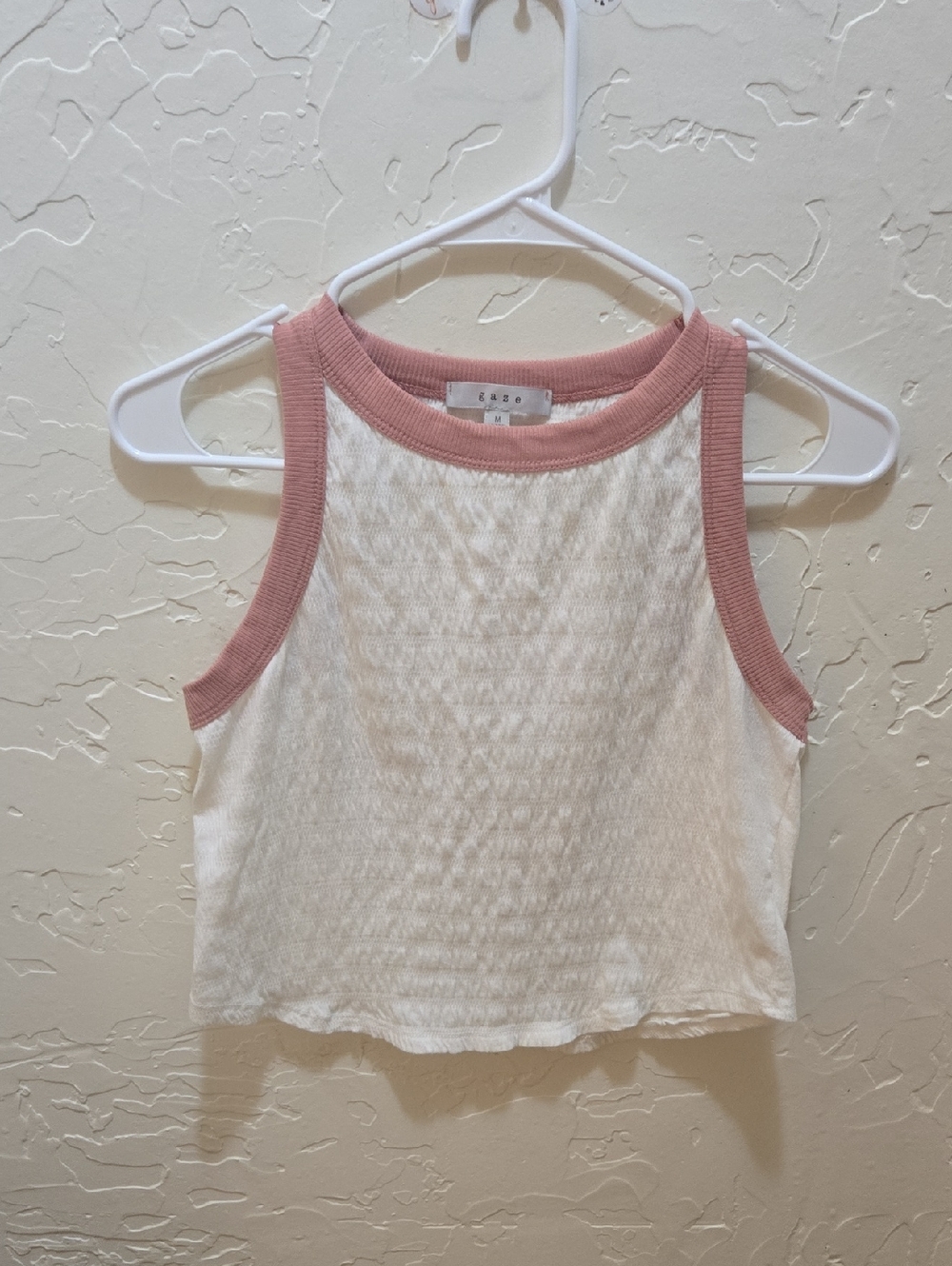 gaze White Ribbed Tank with Dusty Pink Trim